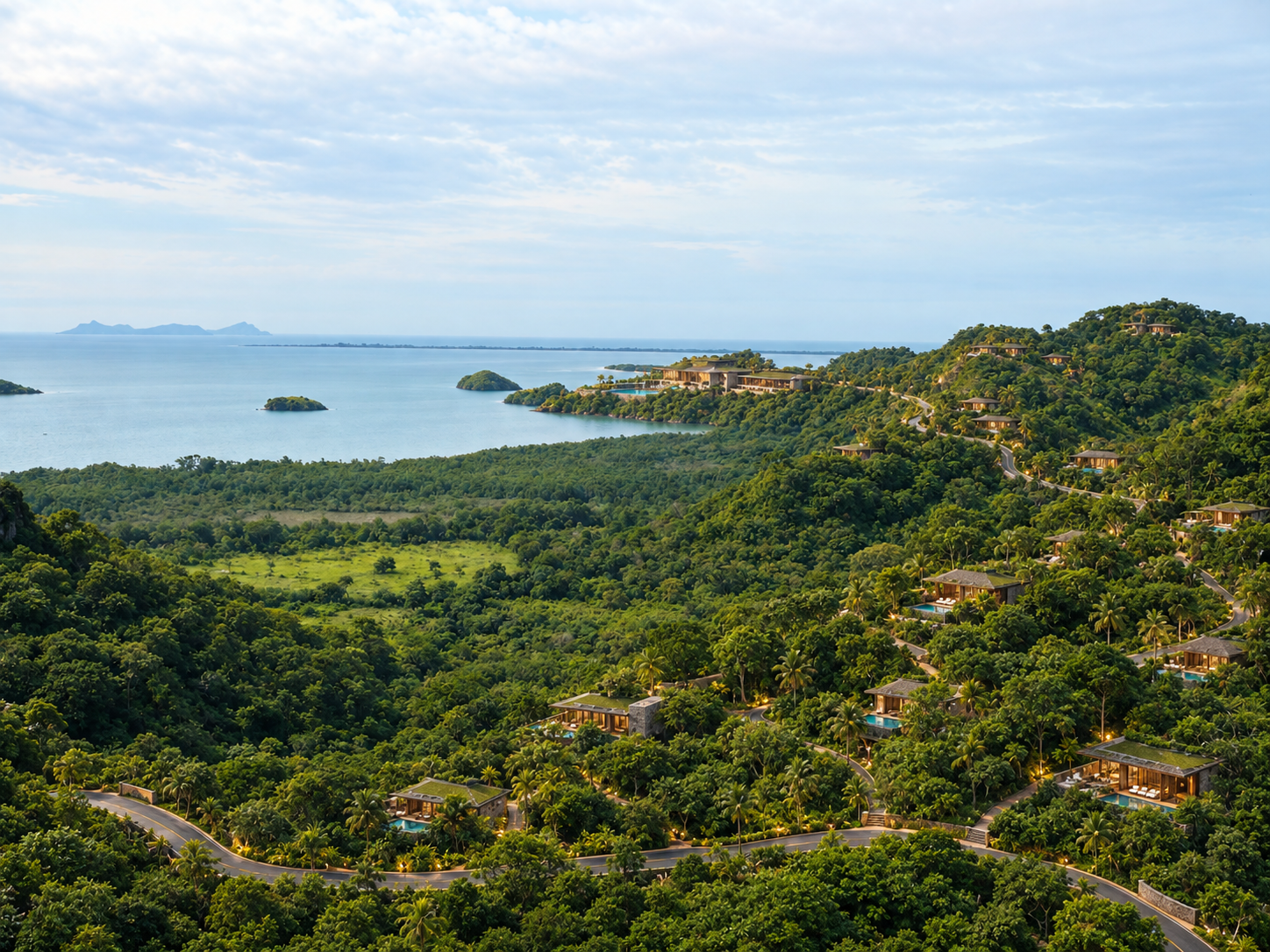Conceptual hillside eco-resort overlooking the bay